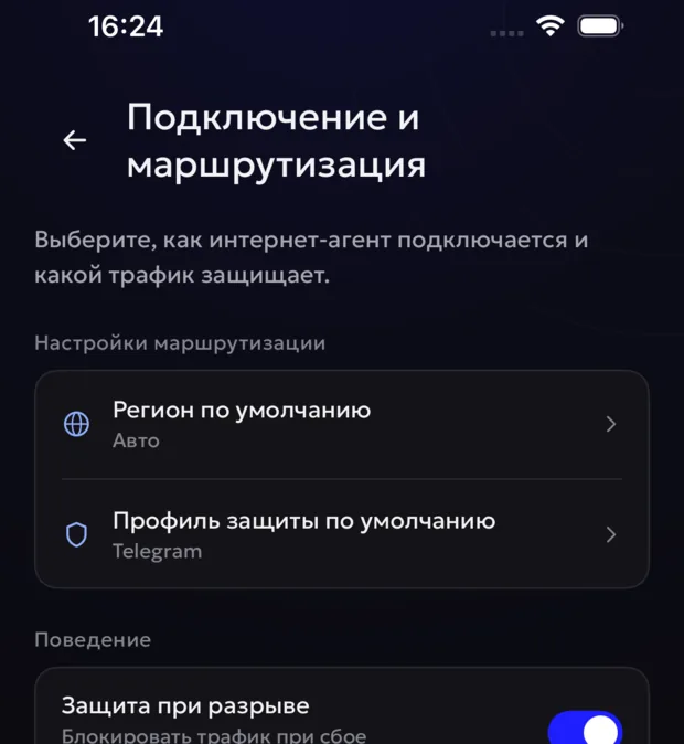 Экран «Подключение и маршрутизация» в приложении 8tunnel для iPhone