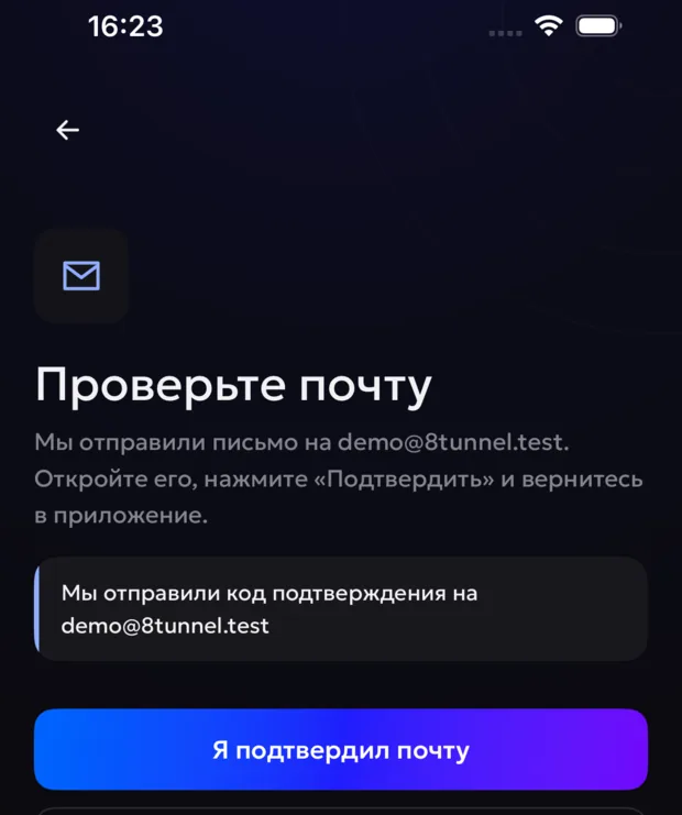 Экран подтверждения электронной почты в приложении 8tunnel