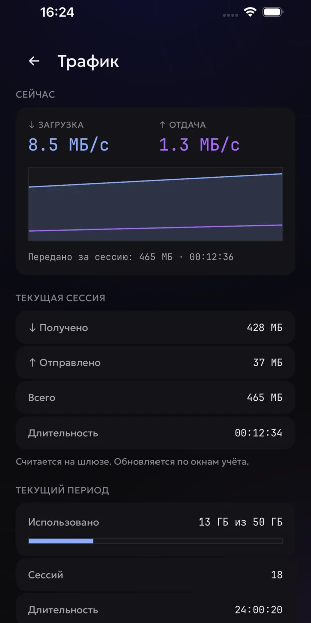 Экран «Трафик» в приложении 8tunnel для iPhone