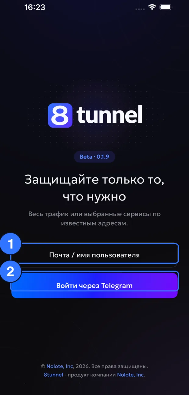 Экран приветствия 8tunnel для iPhone с двумя способами входа